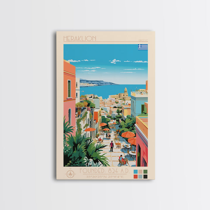 Heraklion Greece Travel Poster Framed Canvas Print, Midcentury Modern Art, Pop Art Wall Decor, Scenic Living Room Art, Bedroom Decor