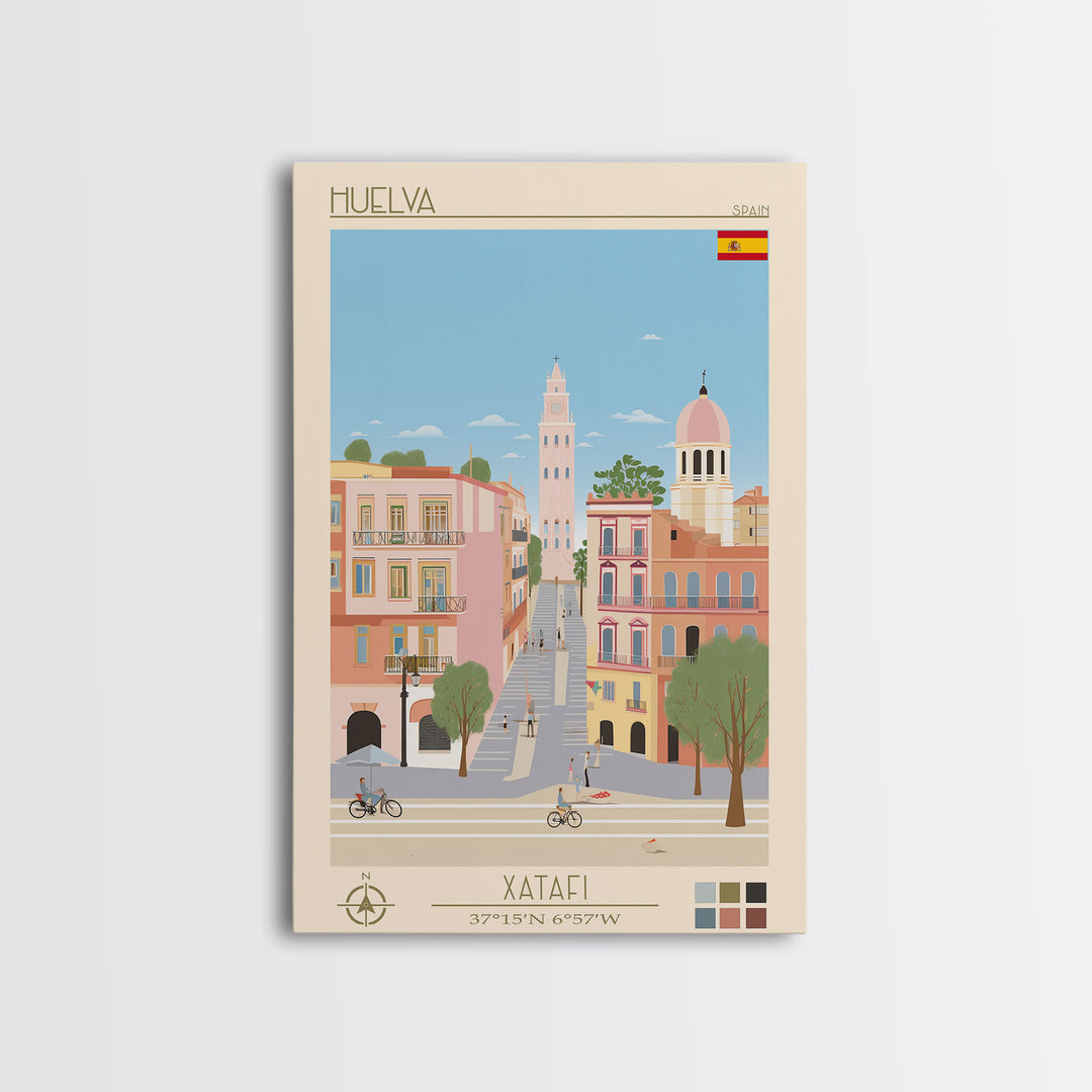 Huelva Spain Travel Poster Framed Canvas Print, Midcentury Modern Art, Pop Art Wall Decor, Scenic Wall Art, Living Room Decoration, Office Art