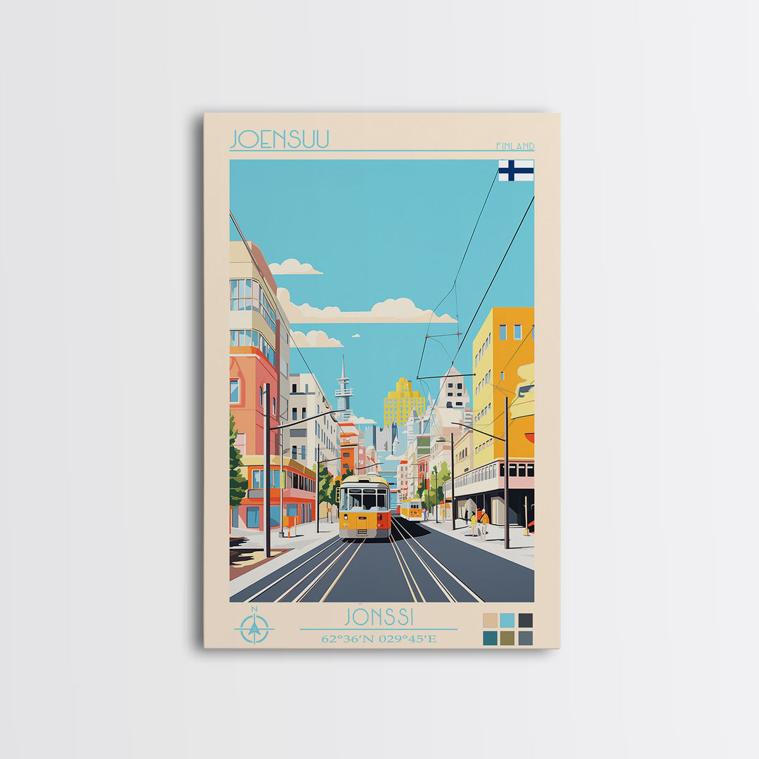 Joensuu Finland Travel Poster Framed Canvas Print, Midcentury Modern Art, Pop Art Wall Decor, Scenic Living Room Art, Bedroom Decor