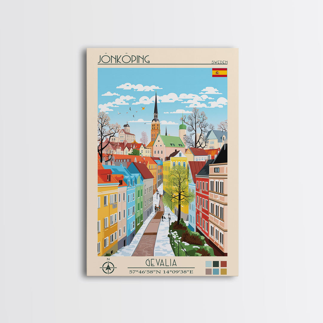 Jönköping Sweden Travel Poster Framed Canvas Print, Midcentury Modern Art, Pop Art Wall Decor, Home Decor, Vacation Gift, Office Art