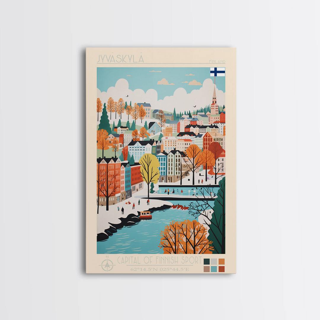 Jyväskylä Finland Travel Poster Framed Canvas Print, Vintage Style, Pop Art Home Decor, Scenic Wall Art, Bedroom Decoration, Office Gift