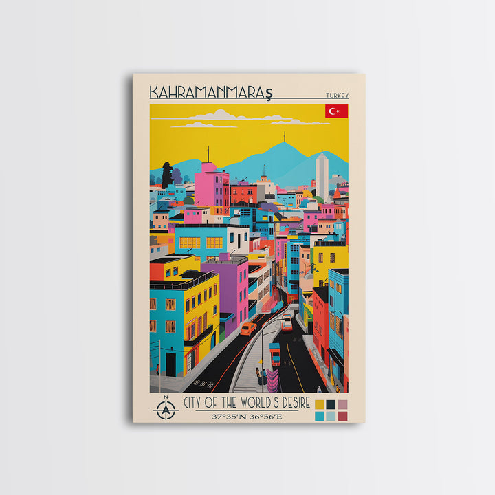 Kahramanmaraş Turkey Travel Poster Framed Canvas Print, Midcentury Modern Art, Pop Art Wall Decor, Scenic Living Room Art, Bedroom Gift