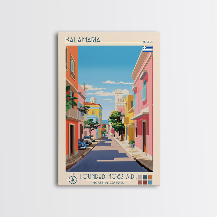 Kalamaria Greece Travel Poster Framed Canvas Print, Midcentury Modern Art, Pop Art Wall Decor, Scenic Wall Art, Living Room Decoration, Office Art
