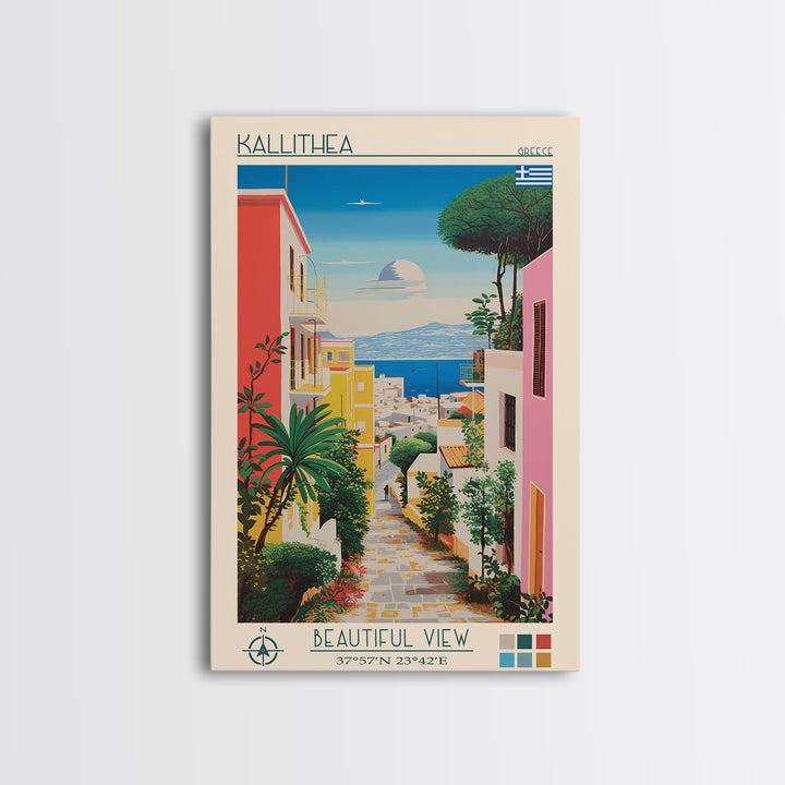 Kallithea Greece Travel Poster Framed Canvas Print, Midcentury Modern Art, Pop Art Wall Decor, Scenic Wall Art, Living Room Decoration, Office Gift