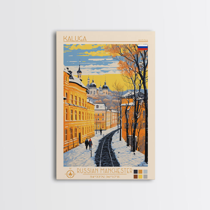 Kaluga Russia Travel Poster Framed Canvas Print, Midcentury Modern Art, Pop Art Wall Decor, Scenic Wall Art, Bedroom Decoration