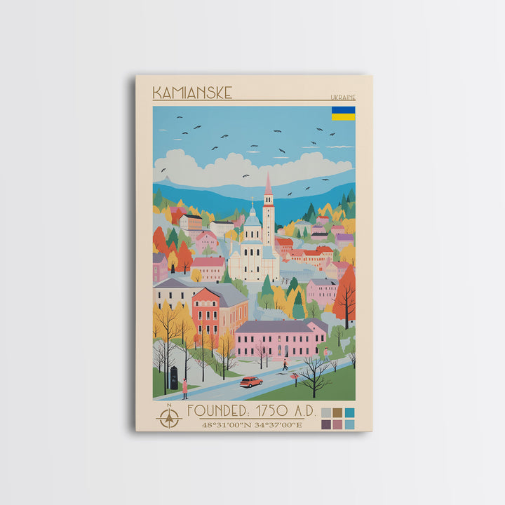 Kamianske Ukraine Travel Poster Framed Canvas Print, Midcentury Modern Art, Pop Art Wall Decor, Scenic Wall Art, Living Room Decoration, Office Art