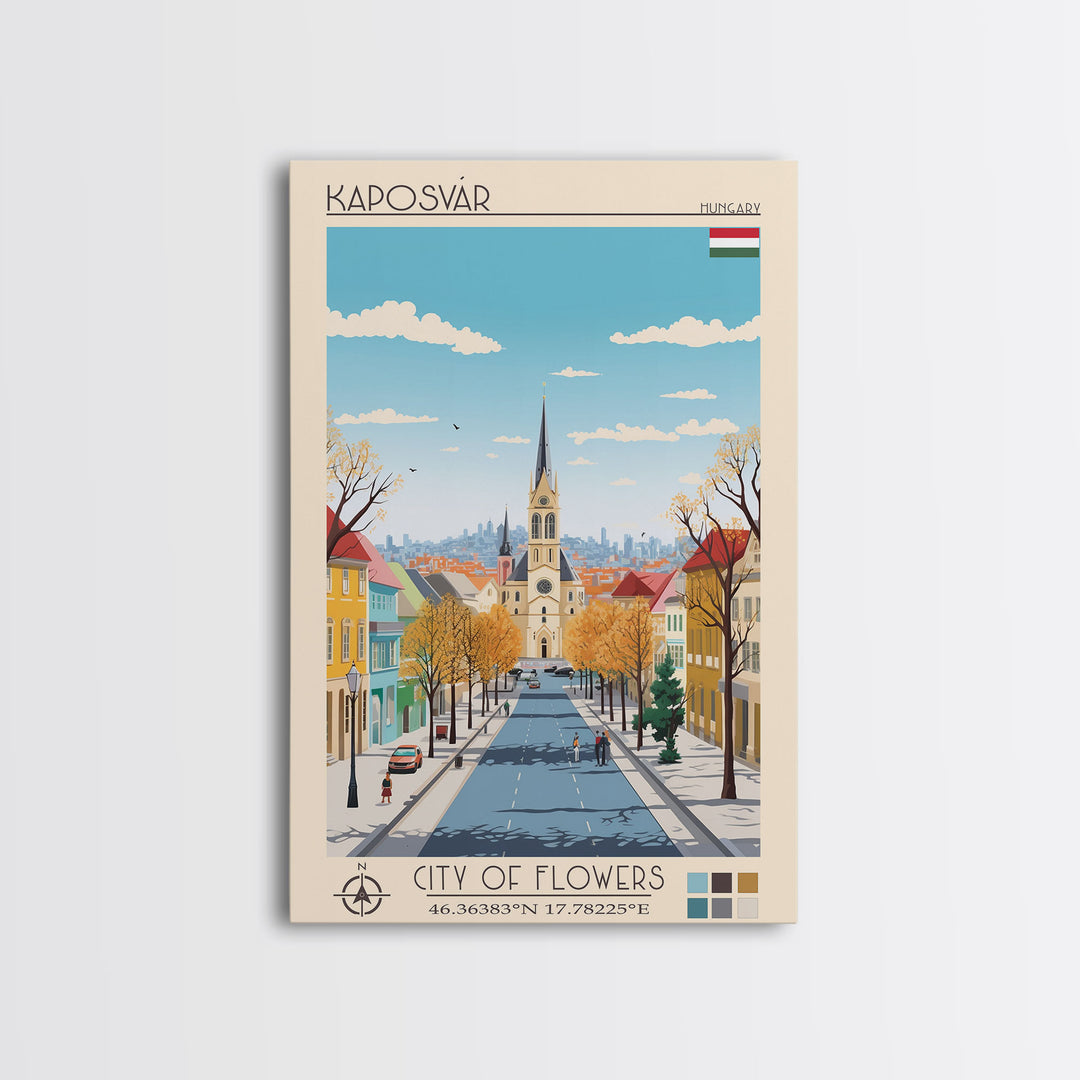 Kaposvár Hungary Travel Poster Framed Canvas Print, Midcentury Modern Art, Pop Art Wall Decor, Scenic Bedroom Art, Office Decoration