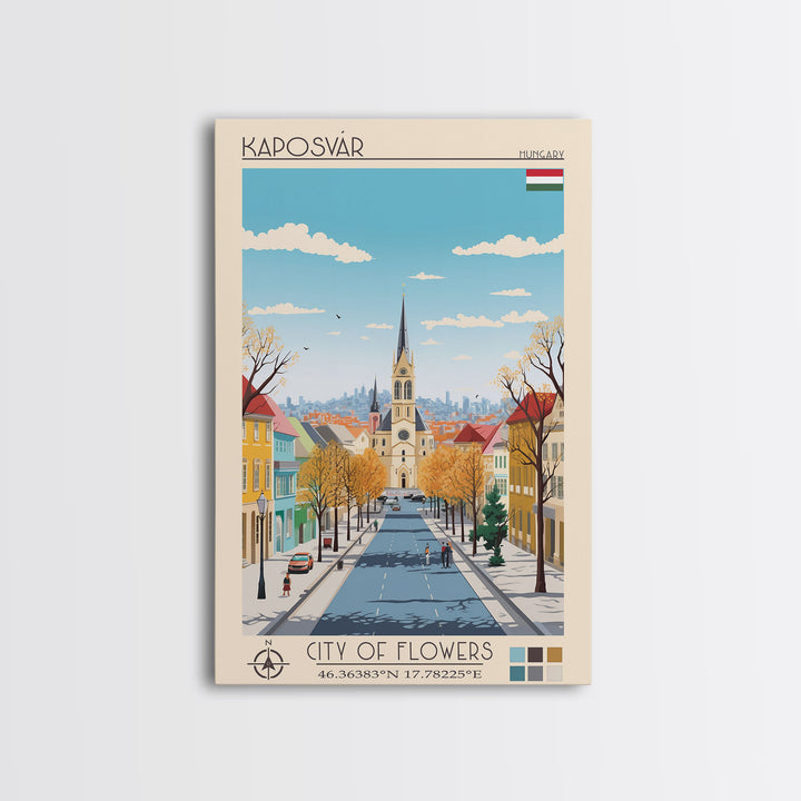 Kaposvár Hungary Travel Poster Framed Canvas Print, Midcentury Modern Art, Pop Art Wall Decor, Scenic Bedroom Art, Office Decoration