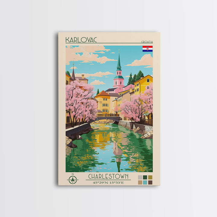 Karlovac Croatia Travel Poster Framed Canvas Print, Midcentury Modern Art, Pop Art Wall Decor, Scenic Living Room Art, Bedroom Decor