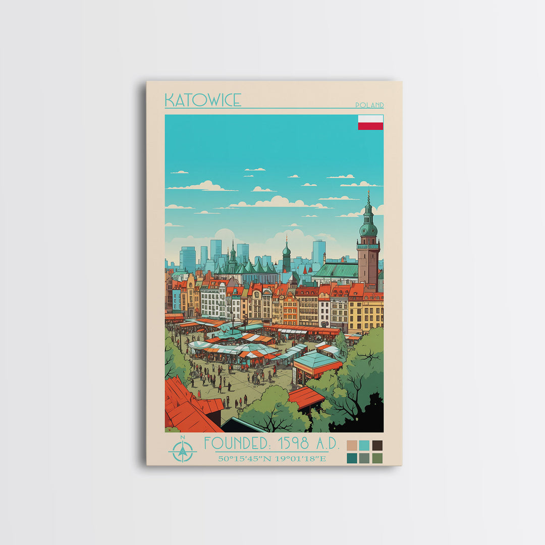 Katowice Poland Travel Poster Framed Canvas Print, Midcentury Modern Art, Pop Art Wall Decor, Home Decor, Vacation Gift, Office Art