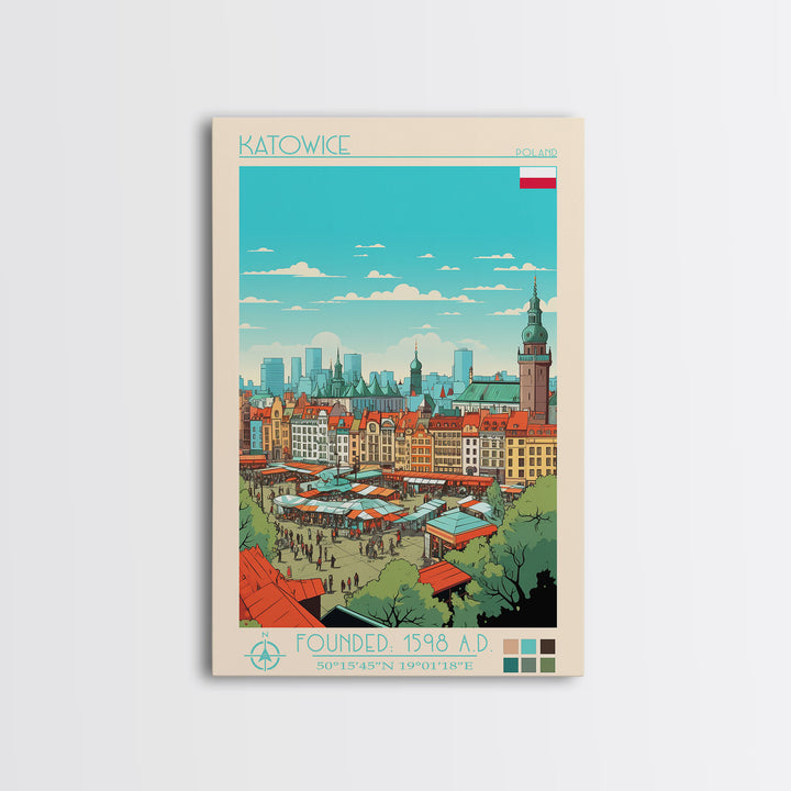 Katowice Poland Travel Poster Framed Canvas Print, Midcentury Modern Art, Pop Art Wall Decor, Home Decor, Vacation Gift, Office Art