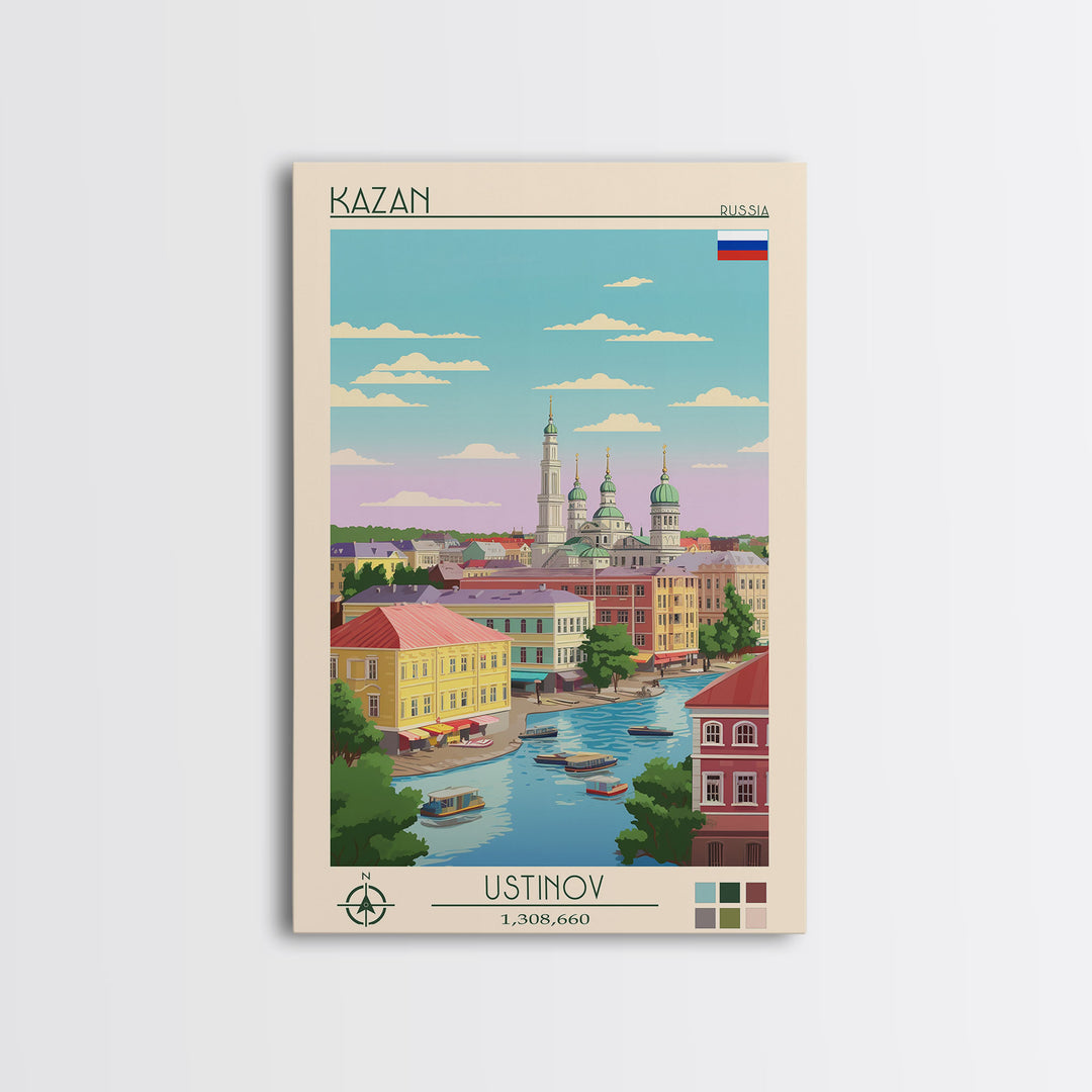Kazan Russia Travel Poster Framed Canvas Print, Midcentury Modern Art, Pop Art Wall Decor, Scenic Bedroom Art, Office Decoration