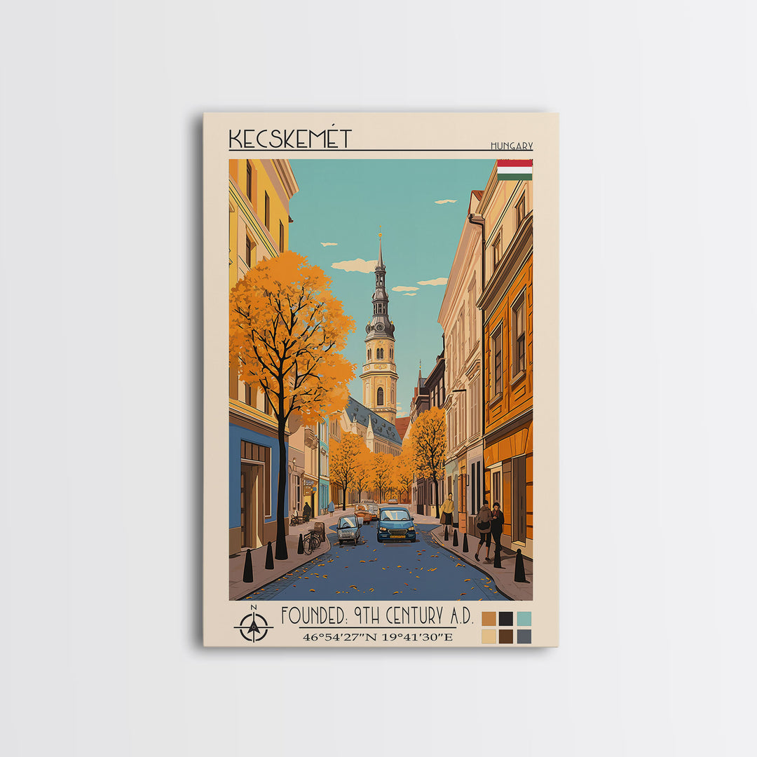 Kecskemét Hungary Travel Poster Framed Canvas Print, Midcentury Modern Art, Pop Art Wall Decor, Scenic Living Room Art, Bedroom Decor