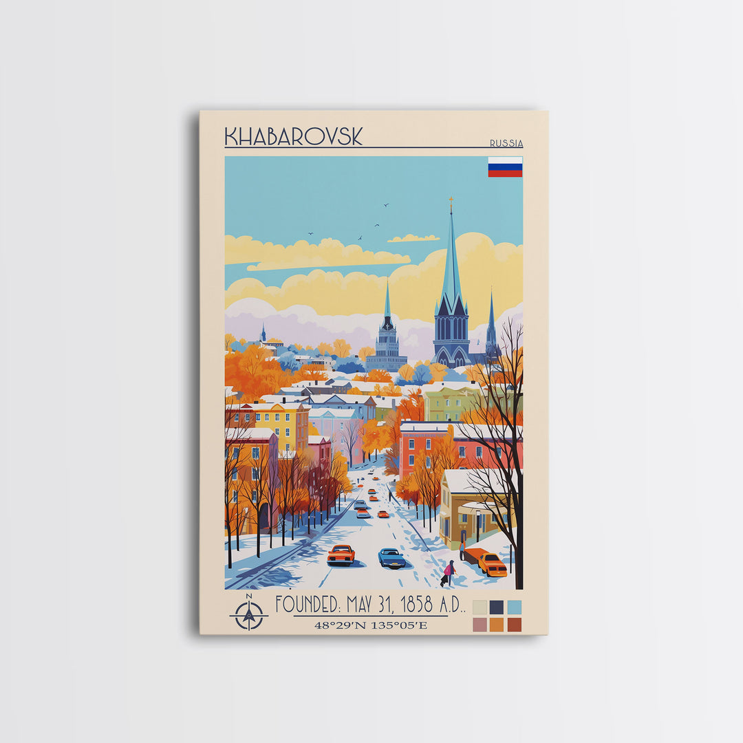 Khabarovsk Russia Travel Poster Framed Canvas Print, Midcentury Modern Art, Pop Art Wall Decor, Home Decor, Vacation Gift, Office Art