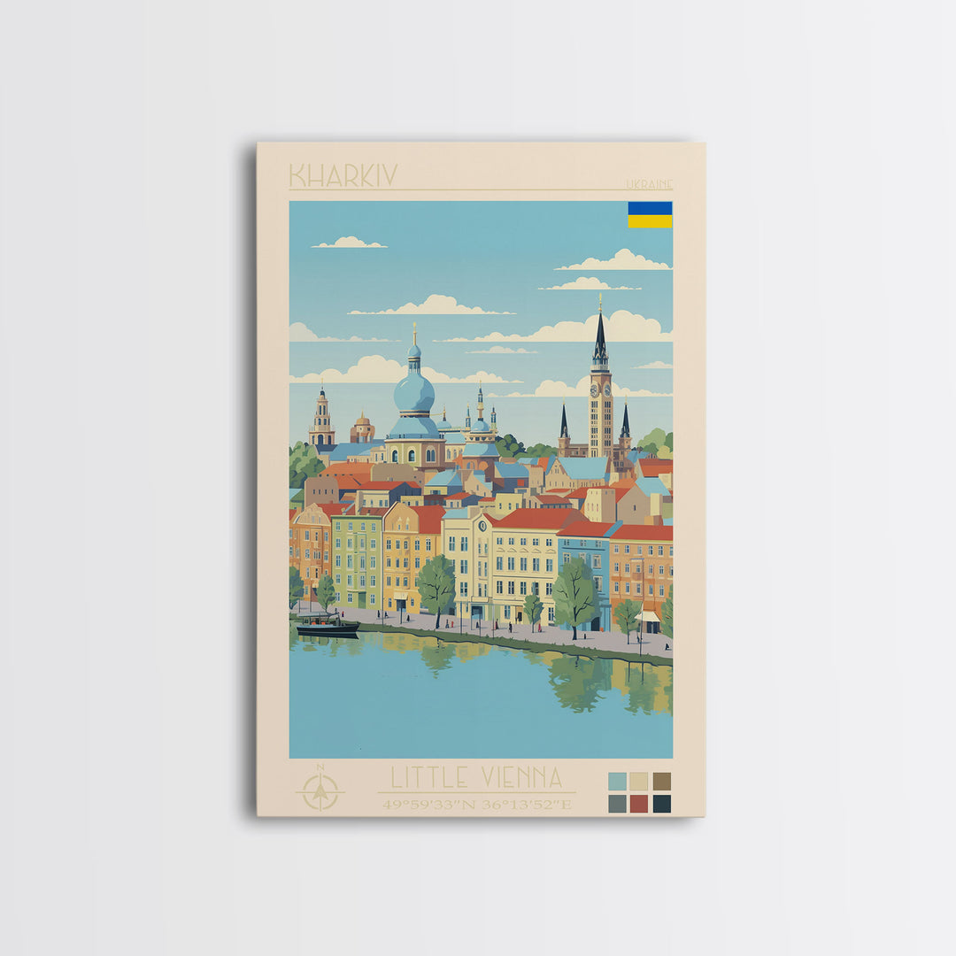 Kharkiv Ukraine Travel Poster Framed Canvas Print, Midcentury Modern Art, Pop Art Wall Decor, Scenic Living Room Art, Bedroom Gift