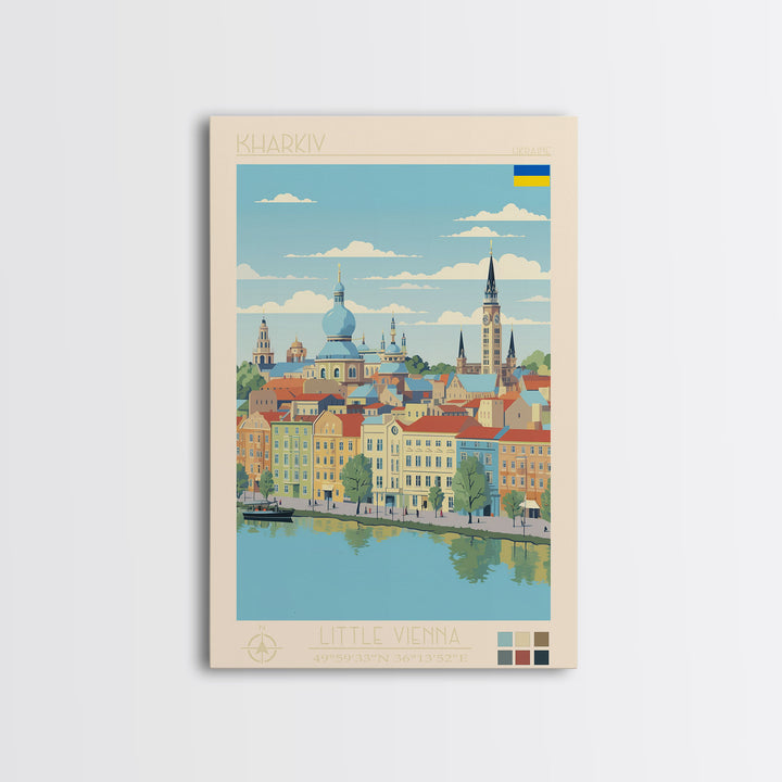 Kharkiv Ukraine Travel Poster Framed Canvas Print, Midcentury Modern Art, Pop Art Wall Decor, Scenic Living Room Art, Bedroom Gift