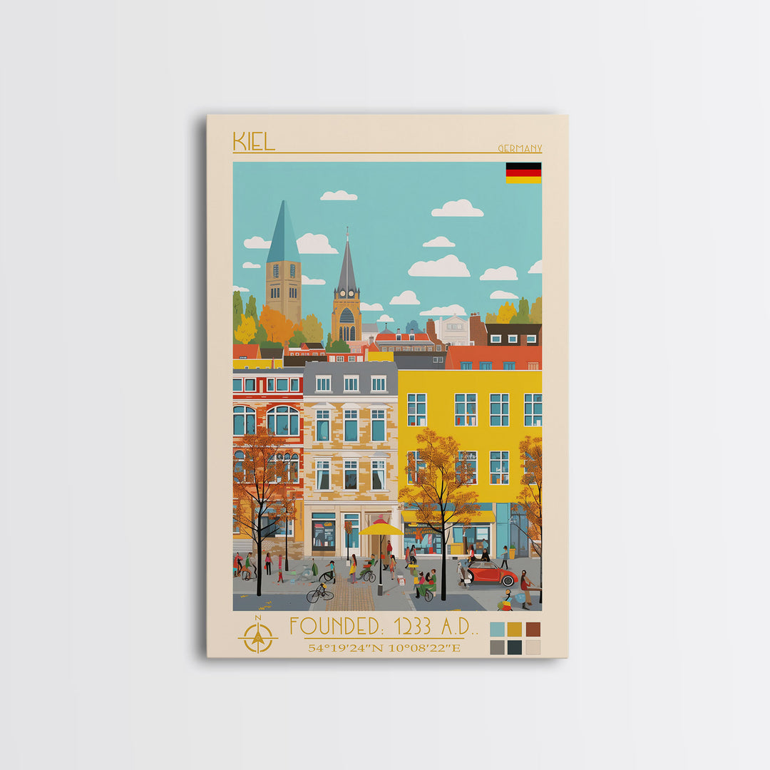 Kiel Germany Travel Poster Framed Canvas Print, Midcentury Modern Art, Pop Art Wall Decor, Scenic Wall Art, Living Room Decoration, Office Art