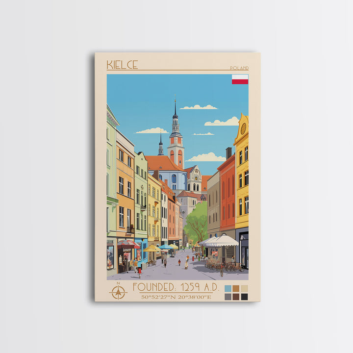 Kielce Poland Travel Poster Framed Canvas Print, Midcentury Modern Art, Pop Art Wall Decor, Scenic Wall Art, Bedroom Decoration
