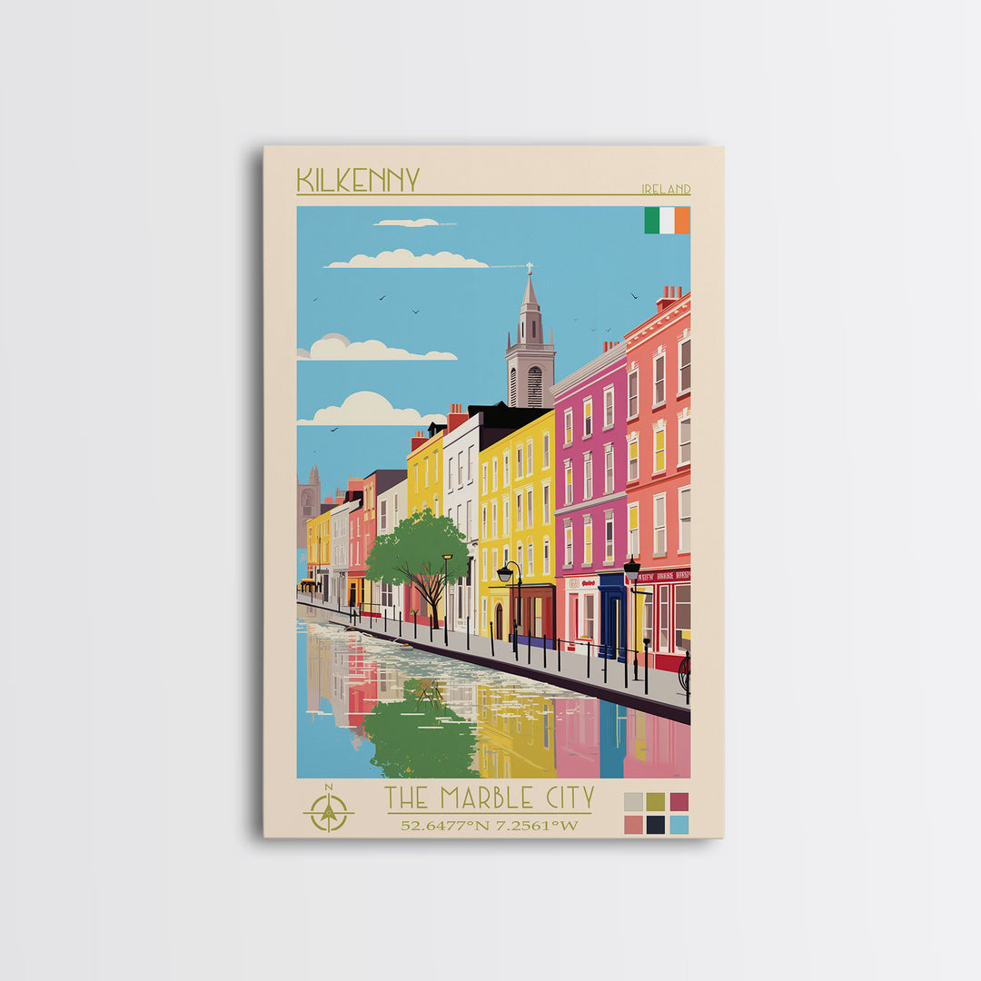 Kilkenny Ireland Travel Poster Framed Canvas Print, Midcentury Modern Art, Pop Art Wall Decor, Scenic Bedroom Art, Office Decoration