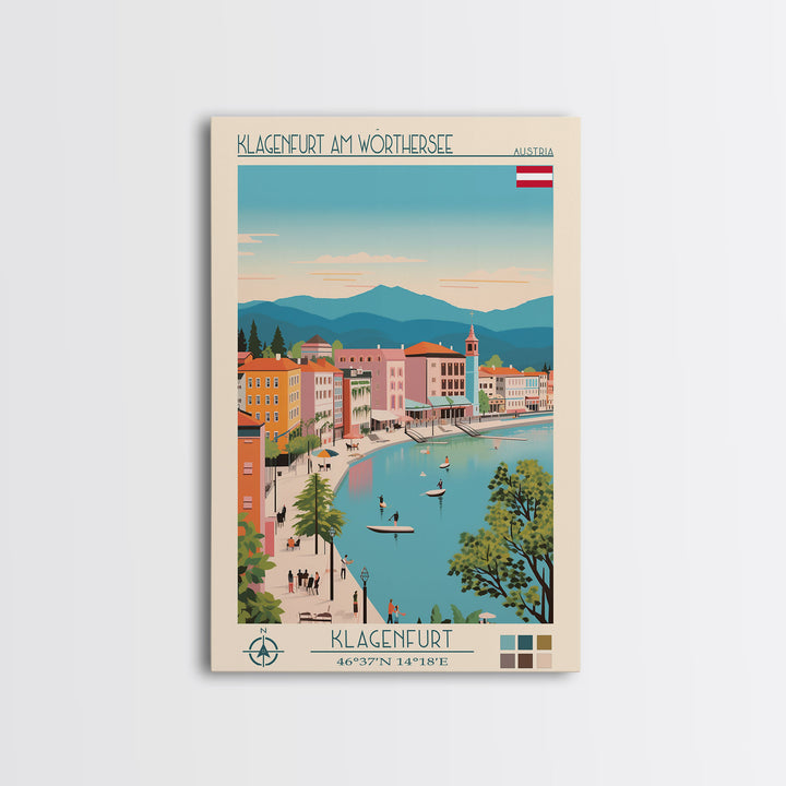 Klagenfurt am Wörthersee Austria Travel Poster Framed Canvas Print, Vintage Style, Pop Art Home Decor, Scenic Wall Art, Bedroom Decoration, Office Gift