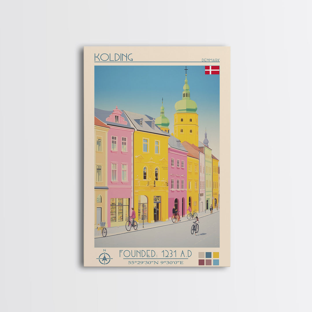 Kolding Denmark Travel Poster Framed Canvas Print, Midcentury Modern Art, Pop Art Wall Decor, Scenic Living Room Art, Bedroom Gift