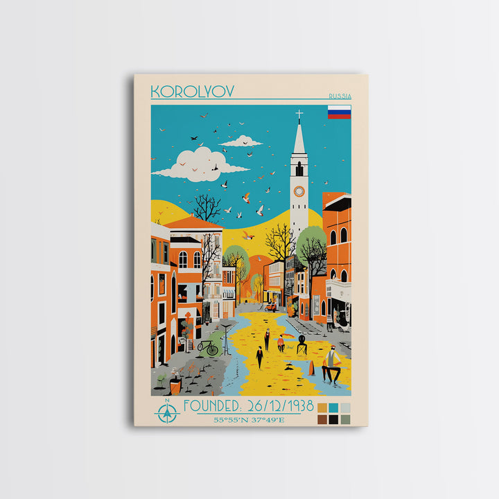 Korolyov Russia Travel Poster Framed Canvas Print, Midcentury Modern Art, Pop Art Wall Decor, Scenic Bedroom Art, Office Decoration