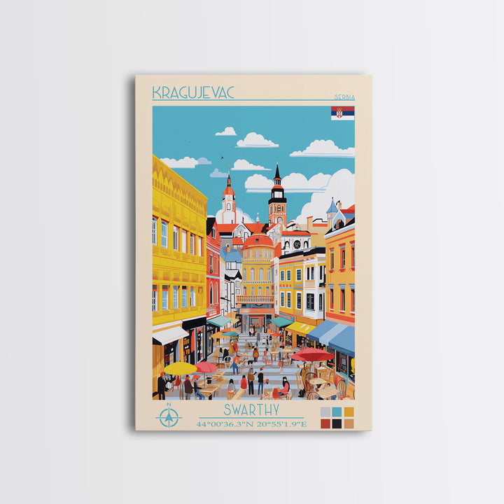 Kragujevac Serbia Travel Poster Framed Canvas Print, Midcentury Modern Art, Pop Art Wall Decor, Scenic Wall Art, Living Room Decoration, Office Art