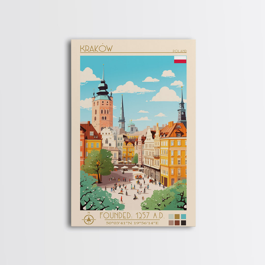 Kraków Poland Travel Poster Framed Canvas Print, Midcentury Modern Art, Pop Art Wall Decor, Home Decor, Vacation Gift, Bedroom Art