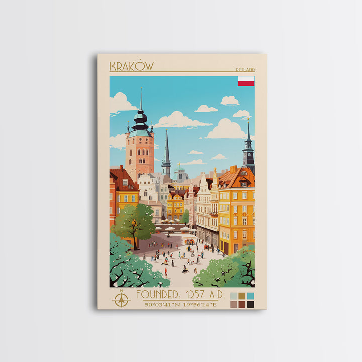 Kraków Poland Travel Poster Framed Canvas Print, Midcentury Modern Art, Pop Art Wall Decor, Home Decor, Vacation Gift, Bedroom Art