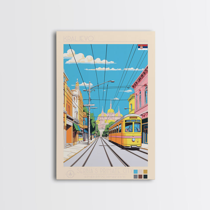 Kraljevo Serbia Travel Poster Framed Canvas Print, Midcentury Modern Art, Pop Art Wall Decor, Scenic Wall Art, Living Room Decoration, Office Gift