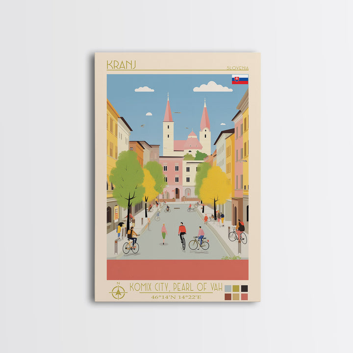 Kranj Slovenia Travel Poster Framed Canvas Print, Midcentury Modern Art, Pop Art Wall Decor, Scenic Wall Art, Bedroom Decoration