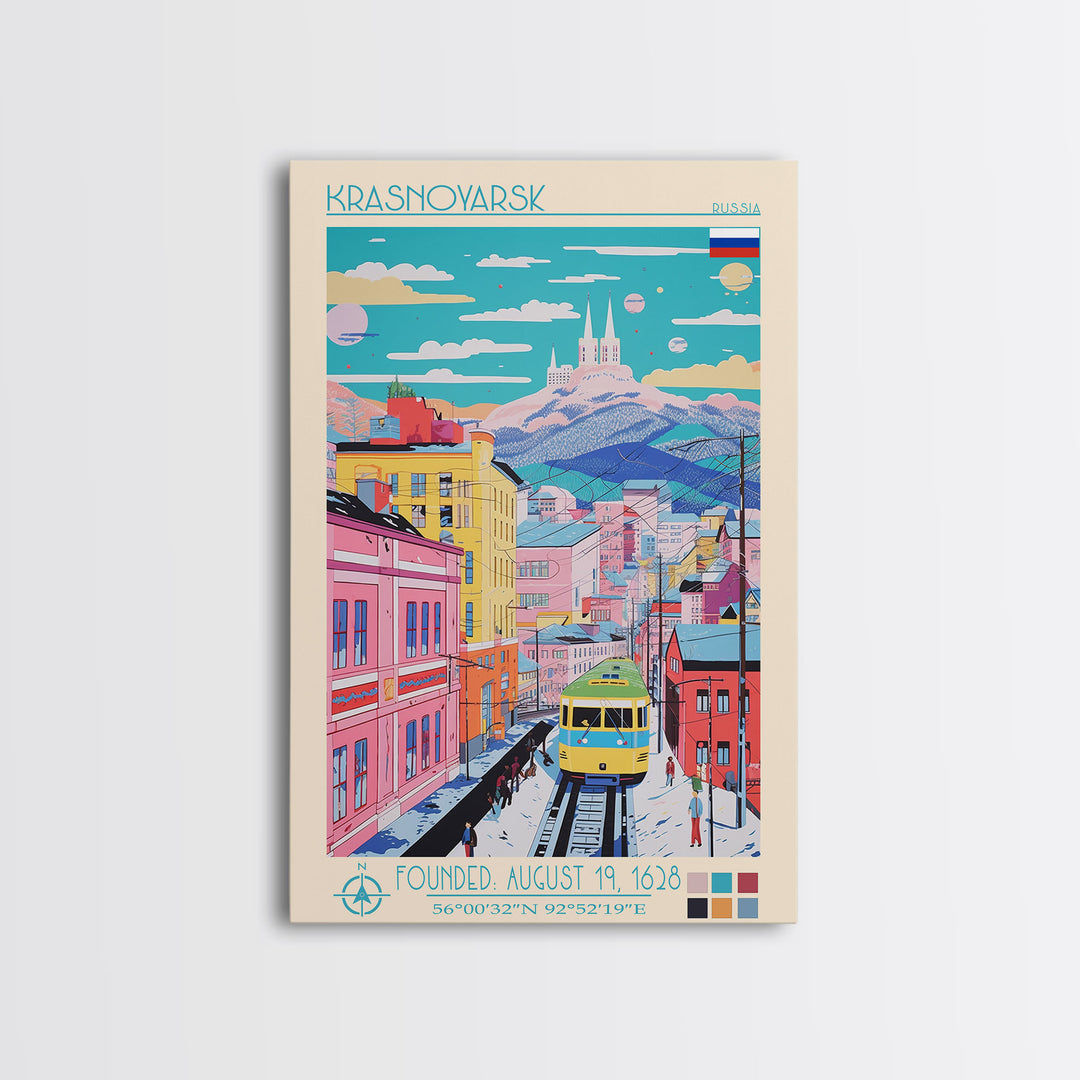 Krasnoyarsk Russia Travel Poster Framed Canvas Print, Midcentury Modern Art, Pop Art Wall Decor, Scenic Bedroom Art, Office Decoration