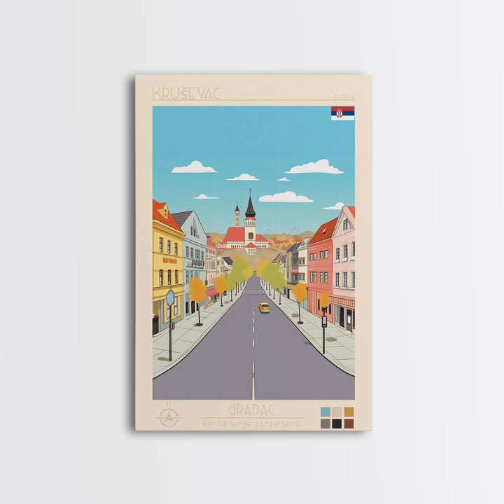 Kruševac Serbia Travel Poster Framed Canvas Print, Midcentury Modern Art, Pop Art Wall Decor, Scenic Living Room Art, Bedroom Gift