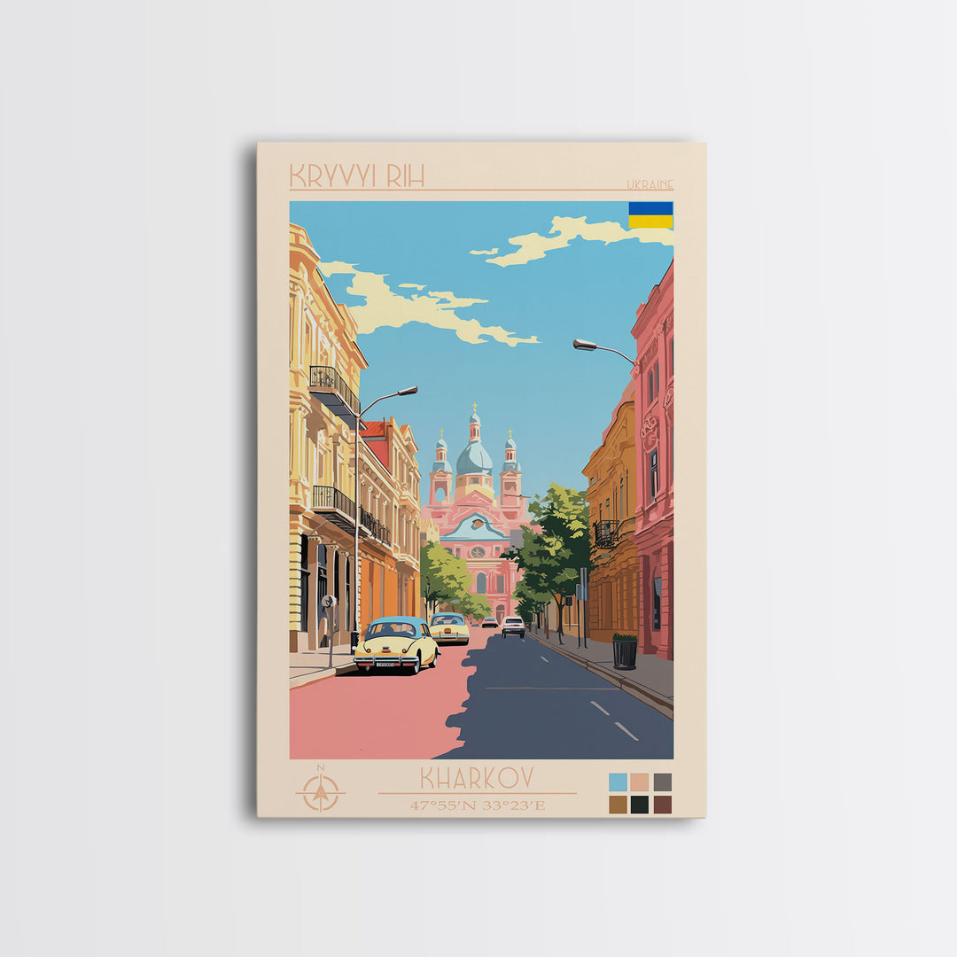 Kryvyi Rih Ukraine Travel Poster Framed Canvas Print, Midcentury Modern Art, Pop Art Wall Decor, Scenic Wall Art, Living Room Decoration, Office Art