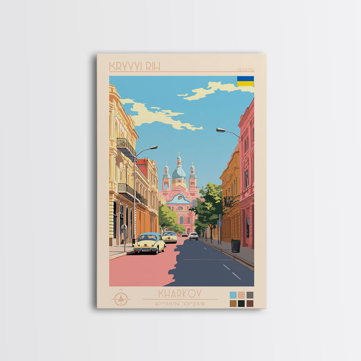 Kryvyi Rih Ukraine Travel Poster Framed Canvas Print, Midcentury Modern Art, Pop Art Wall Decor, Scenic Wall Art, Living Room Decoration, Office Art