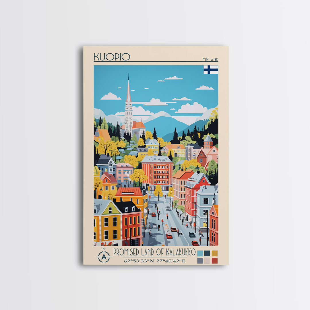 Kuopio Finland Travel Poster Framed Canvas Print, Midcentury Modern Art, Pop Art Wall Decor, Home Decor, Vacation Gift, Bedroom Art