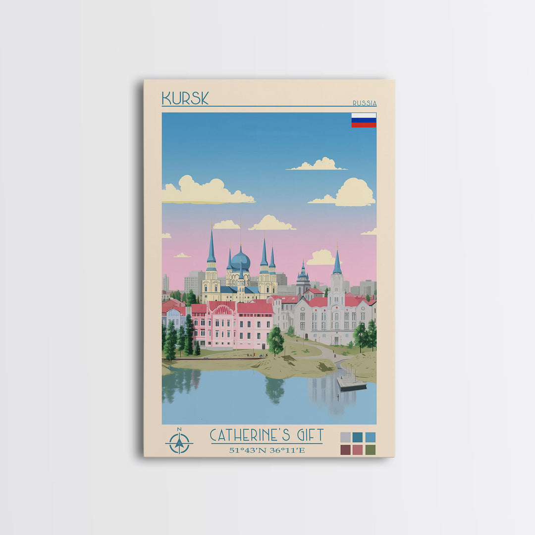 Kursk Russia Travel Poster Framed Canvas Print, Midcentury Modern Art, Pop Art Wall Decor, Scenic Bedroom Art, Office Decoration