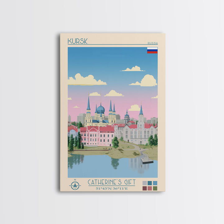 Kursk Russia Travel Poster Framed Canvas Print, Midcentury Modern Art, Pop Art Wall Decor, Scenic Bedroom Art, Office Decoration