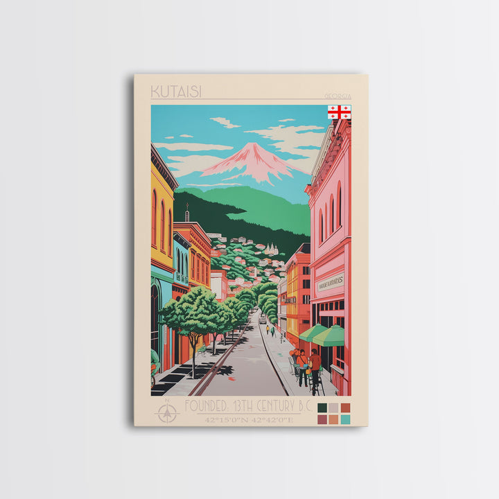 Kutaisi Georgia Travel Poster Framed Canvas Print, Midcentury Modern Art, Pop Art Wall Decor, Scenic Living Room Art, Bedroom Decor