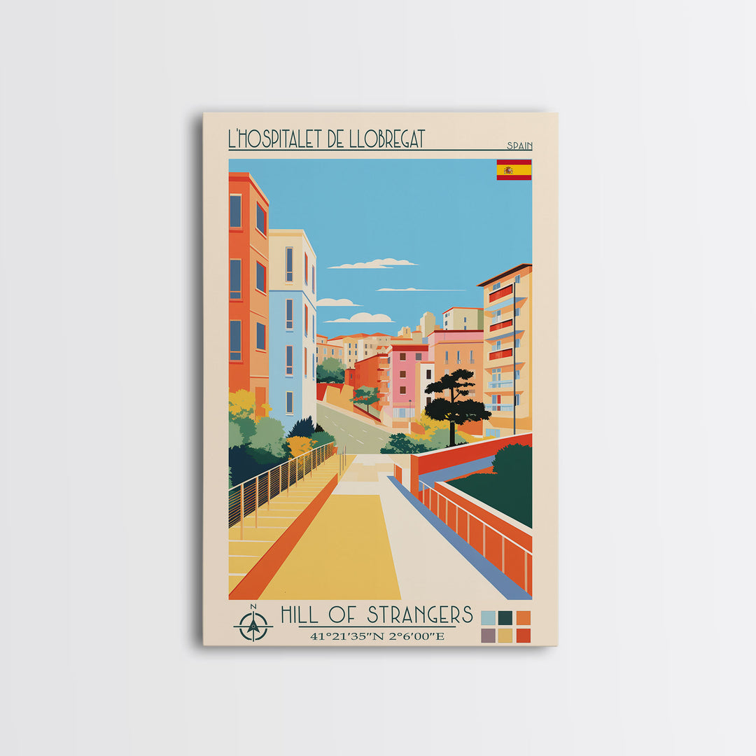 L'Hospitalet de Llobregat Spain Travel Poster Framed Canvas Print, Midcentury Modern Art, Pop Art Wall Decor, Home Decor, Vacation Gift, Office Art