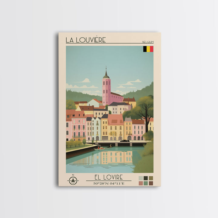 La Louvière Belgium Travel Poster Framed Canvas Print, Midcentury Modern Art, Pop Art Wall Decor, Scenic Living Room Art, Bedroom Gift