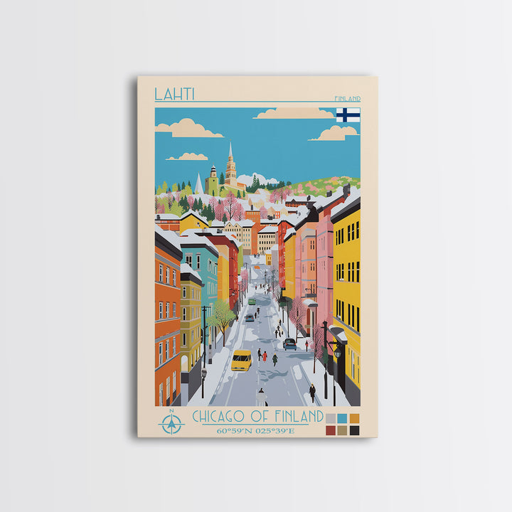 Lahti Finland Travel Poster Framed Canvas Print, Midcentury Modern Art, Pop Art Wall Decor, Scenic Wall Art, Living Room Decoration, Office Art