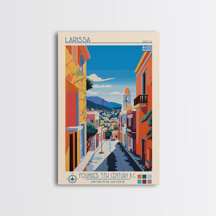 Larissa Greece Travel Poster Framed Canvas Print, Midcentury Modern Art, Pop Art Wall Decor, Scenic Wall Art, Living Room Decoration, Office Gift