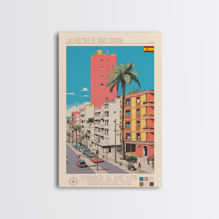 Las Palmas de Gran Canaria Spain Travel Poster Framed Canvas Print, Midcentury Modern Art, Pop Art Wall Decor, Scenic Wall Art, Bedroom Decoration