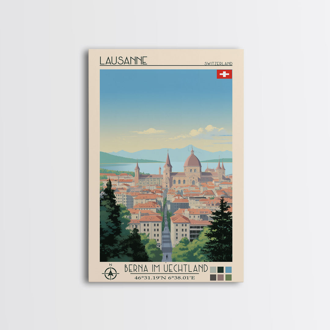 Lausanne Switzerland Travel Poster Framed Canvas Print, Midcentury Modern Art, Pop Art Wall Decor, Scenic Wall Art, Living Room Decoration, Office Art