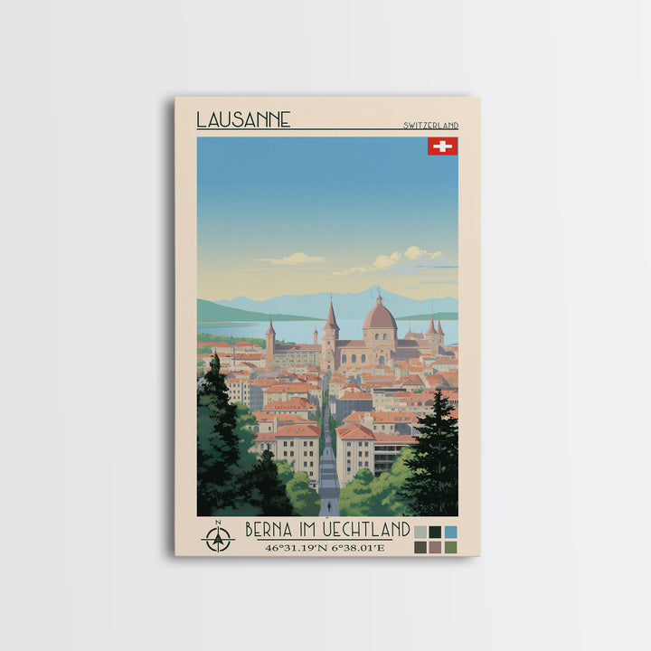 Lausanne Switzerland Travel Poster Framed Canvas Print, Midcentury Modern Art, Pop Art Wall Decor, Scenic Wall Art, Living Room Decoration, Office Art