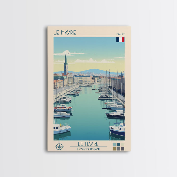 Le Havre France Travel Poster Framed Canvas Print, Midcentury Modern Art, Pop Art Wall Decor, Scenic Bedroom Art, Office Decoration