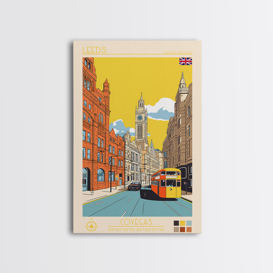 Leeds United Kingdom Travel Poster Framed Canvas Print, Midcentury Modern Art, Pop Art Wall Decor, Scenic Living Room Art, Bedroom Decor