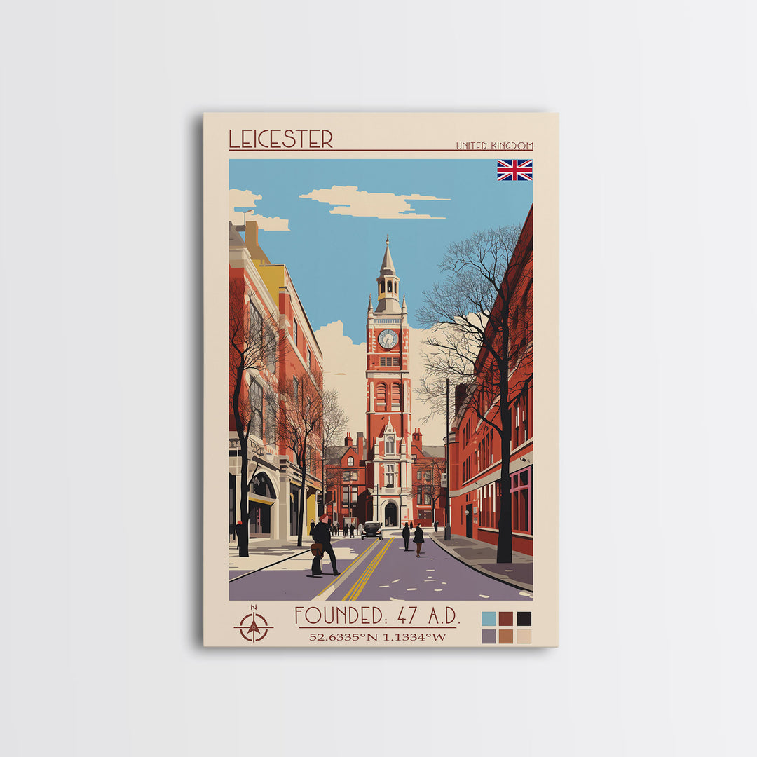 Leicester United Kingdom Travel Poster Framed Canvas Print, Midcentury Modern Art, Pop Art Wall Decor, Home Decor, Vacation Gift, Office Art