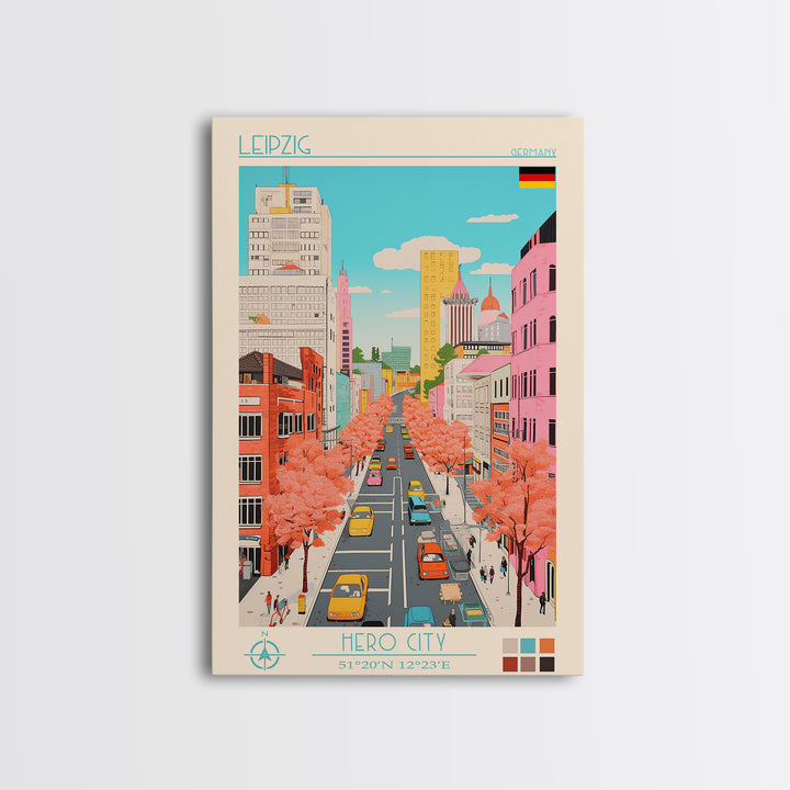 Leipzig Germany Travel Poster Framed Canvas Print, Midcentury Modern Art, Pop Art Wall Decor, Scenic Living Room Art, Bedroom Gift